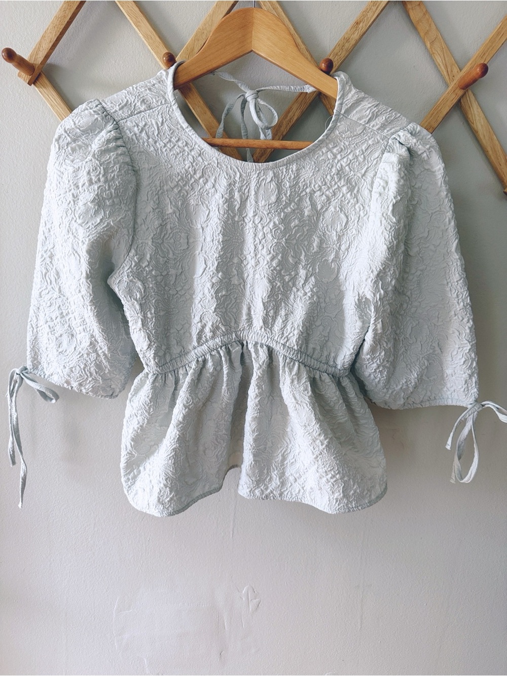 Zara Textured Puff Sleeve Open Back Tie Peplum Blouse Size S